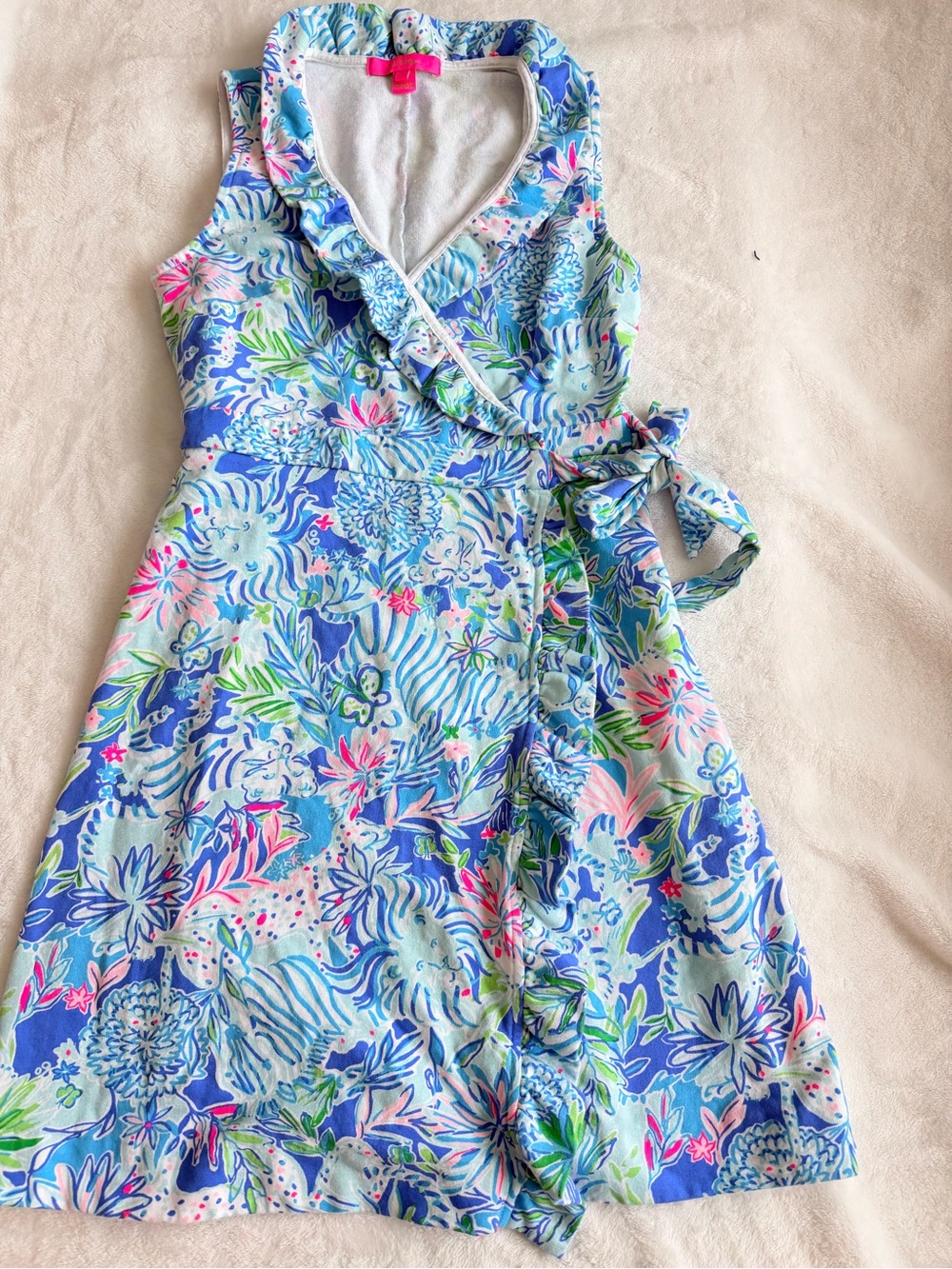 Lilly Pulitzer Romee Blue Floral Wrap Dress with Pink & Green Accents Size S